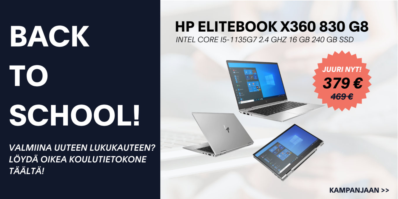 HP EliteBook x360 830 G8 - kunnostettu kannettava opiskeluun ja kouluun, nyt 379 € Back to School -kampanjahintaan