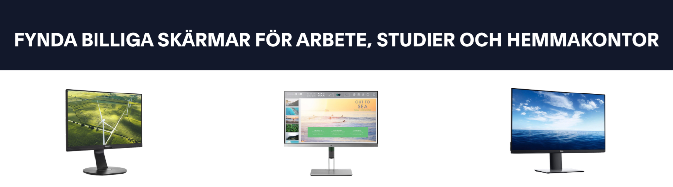 Billiga datorskärmar för arbete, studier och hemmakontor uppställda bredvid varandra på vit bakgrund